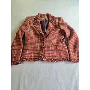 Koret Tweed Blazer Women 8 Red Pink Plaid Fringe Trim Metallic Single Button